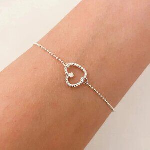 925 Sterling Silver Heart Bracelet Dainty Bead Bracelet Thin Tiny Bead Bracelet